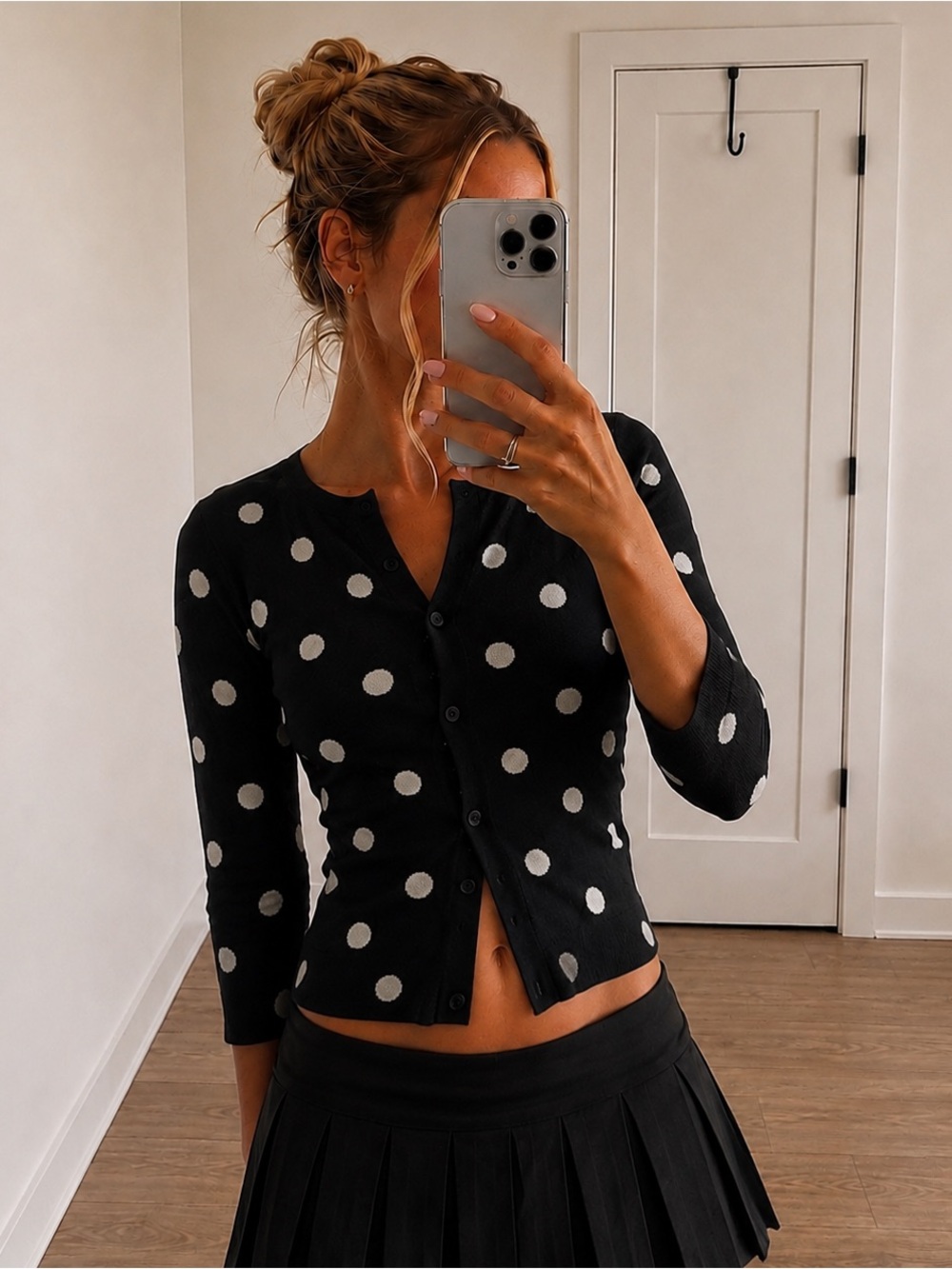 Jones New York Vintage Quarter Sleeve Polka Dot Cardigan
